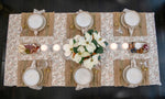 Country Charm blush pink floral tablecloth featuring delicate peach flowers, sage green botanical foliage and a warm ivory background.