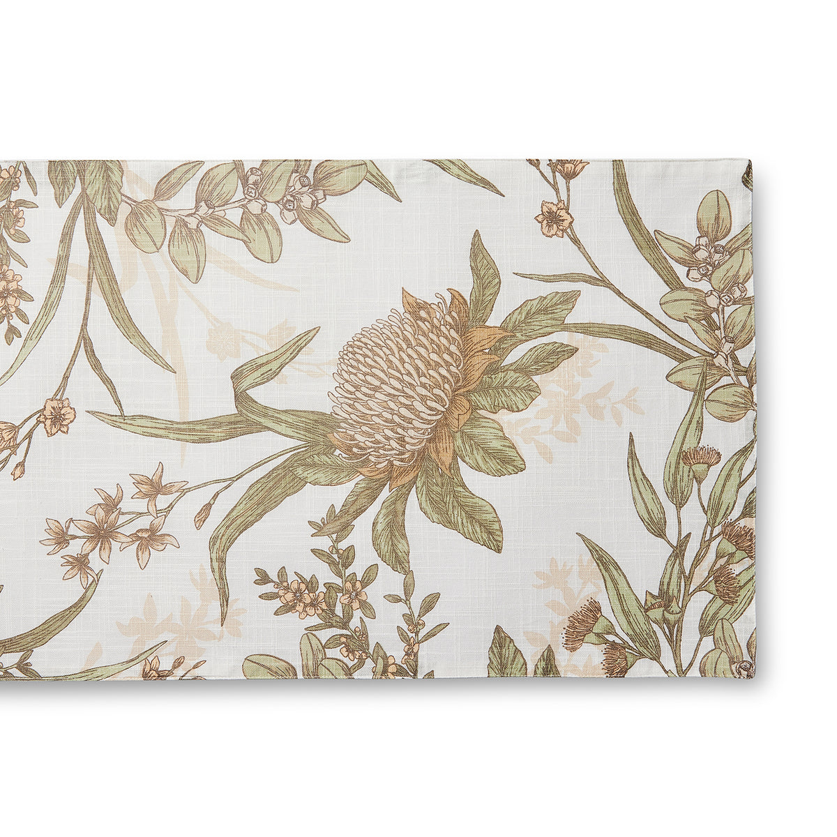 Floral Whimsy neutral botanical cotton table runner with a delicate foliage print on an off-white background, 35 × 200 cm.