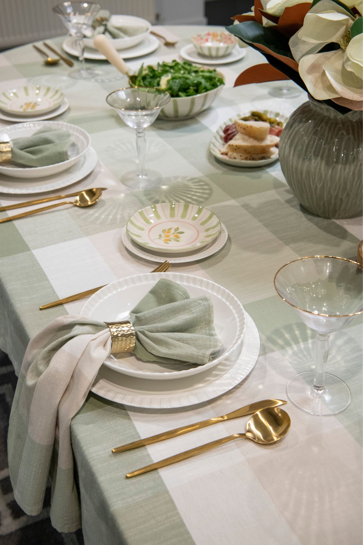 Olivewood Gingham green cotton table napkins set of four featuring a classic green and neutral woven gingham pattern. Copy