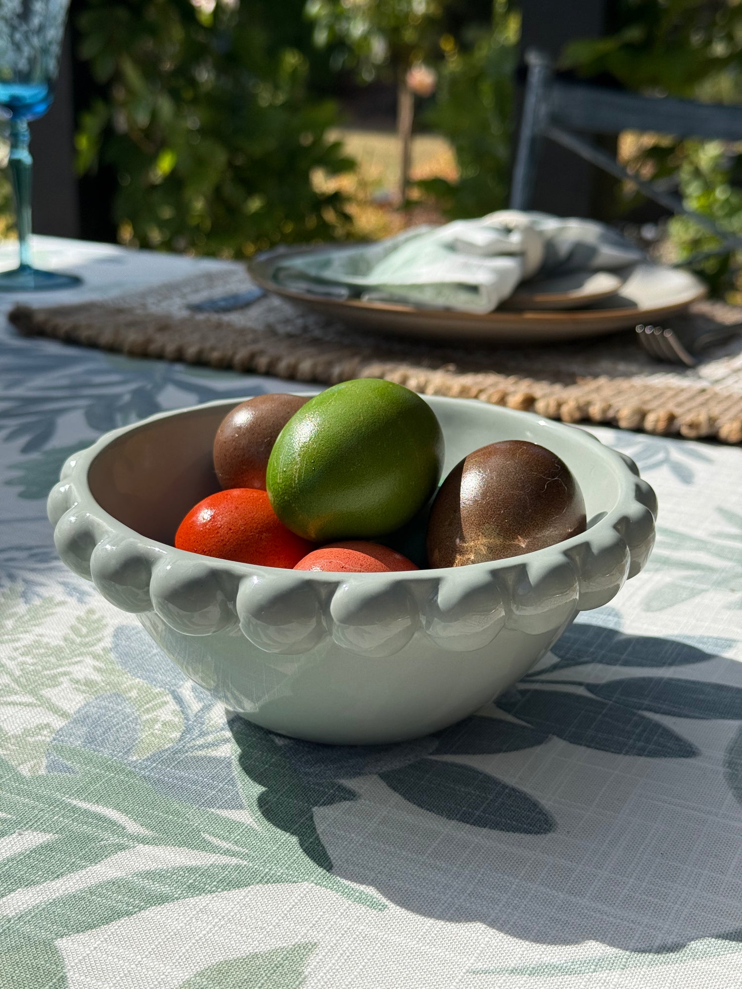 Coastal Blue small ceramic bowl featuring a soft pale blue glaze, rounded shape and decorative raised beaded rim.